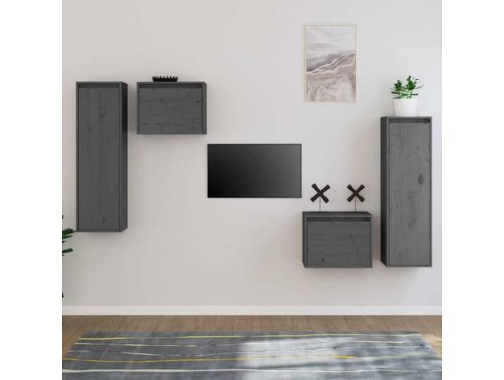 HEFZGDB 4 Stück TV-Schränke Grau Massivholz Kiefer Wandschränke Hängeschränke für Wohnzimmer Design