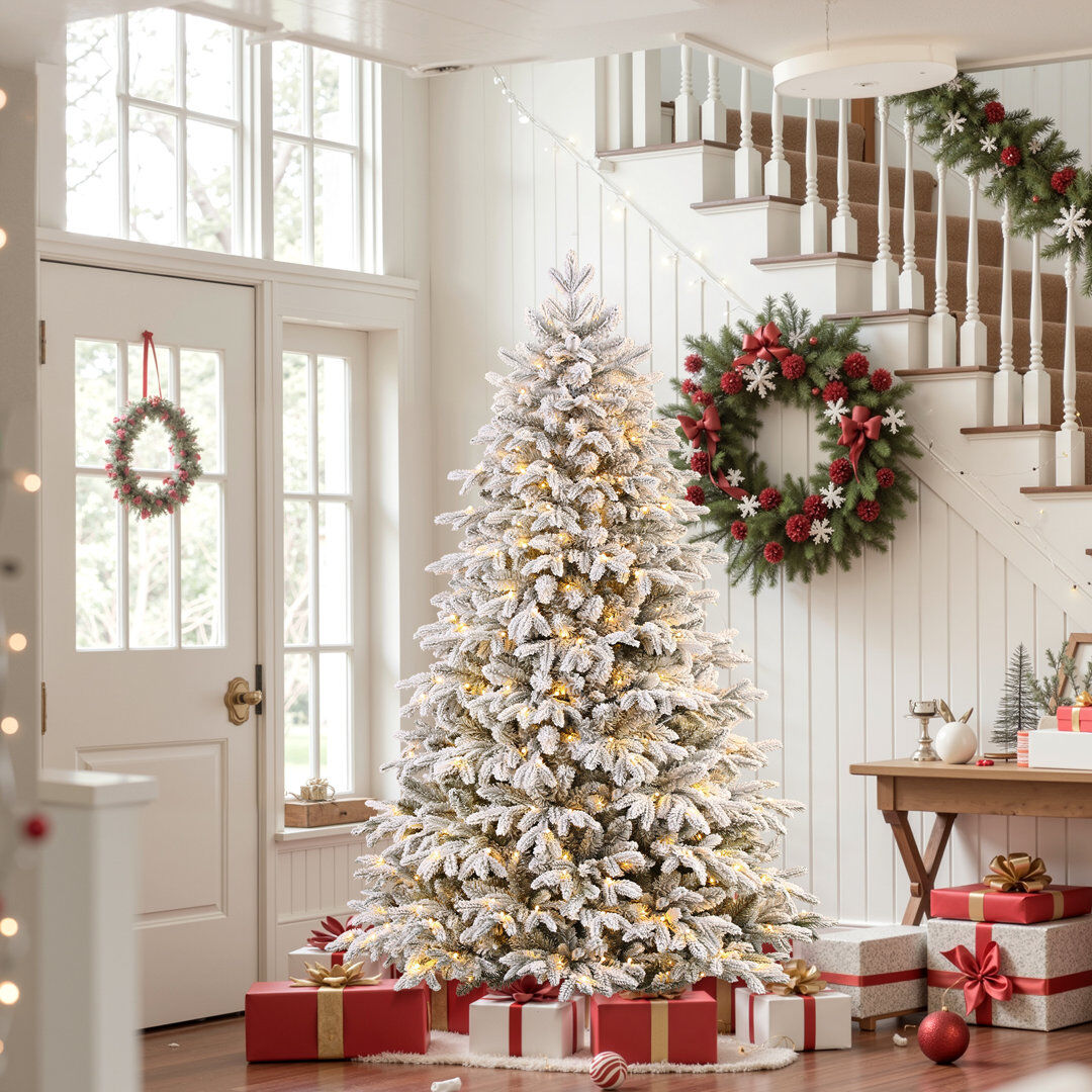 The Seasonal Aisle Pre-Lit Snow Flocked PE Cedar Artificial Christmas Tree White 5' H
