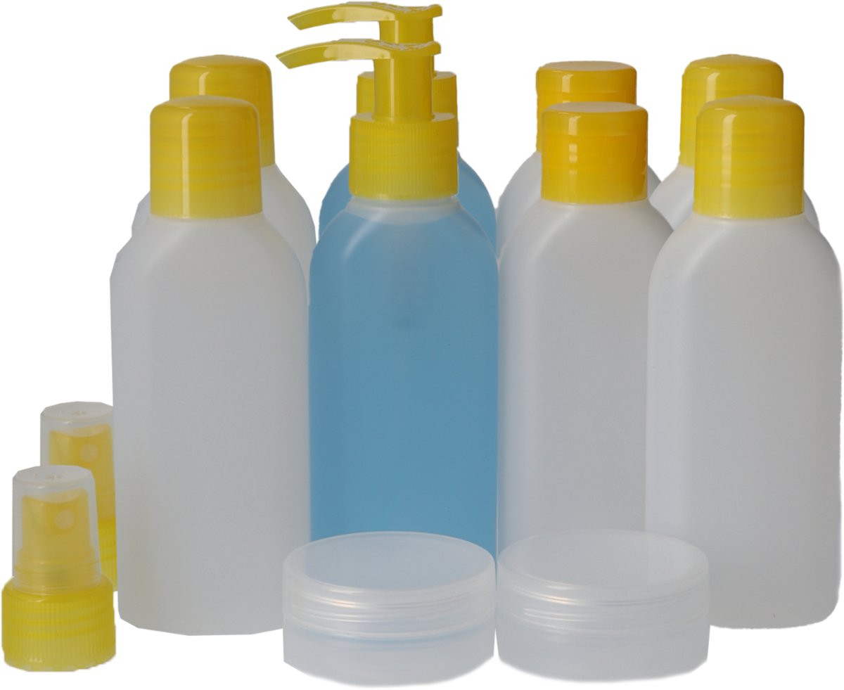 Set van 12 navulbare reisflesjes Sunny Yellow, BPA-vrij kunststof, geel en transparant
