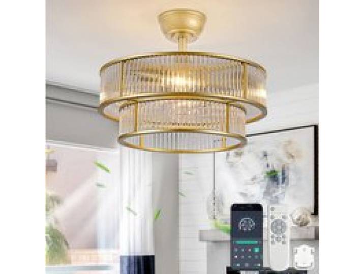 COVREO Ventilateur de plafond doré avec éclairage cristal 6 vitesses application Bluetooth et télécommande