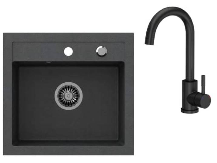VBChome Spülbecken mit Armatur 50 x 47 cm Schwarz Granit Spüle Einzelbecken Küche Einbauspüle Verbundspüle Küchenspüle gesprenkelt Spülbecken Siphon Armatur