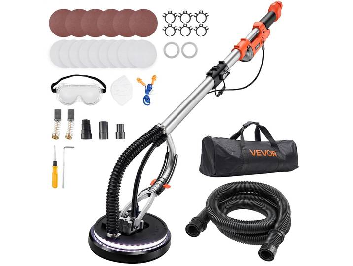 Ponceuse à sec VEVOR\, ponceuse de plafond 1010 W avec plateau de ponçage de 255 mm\, ponceuse à long col avec vitesse de rotation de 1000 à 2200 tr/min\, LED à double paroi\, poignée télescopique\, 15 disques abrasifs\, tuyau d'aspiration.