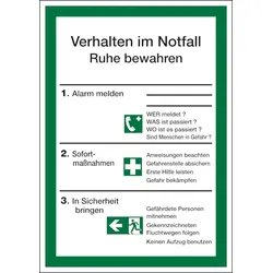 Aushang, Verhalten im Notfall - ISO 7010 - 210x297x1.5 mm Kunststoff nachleuchtend