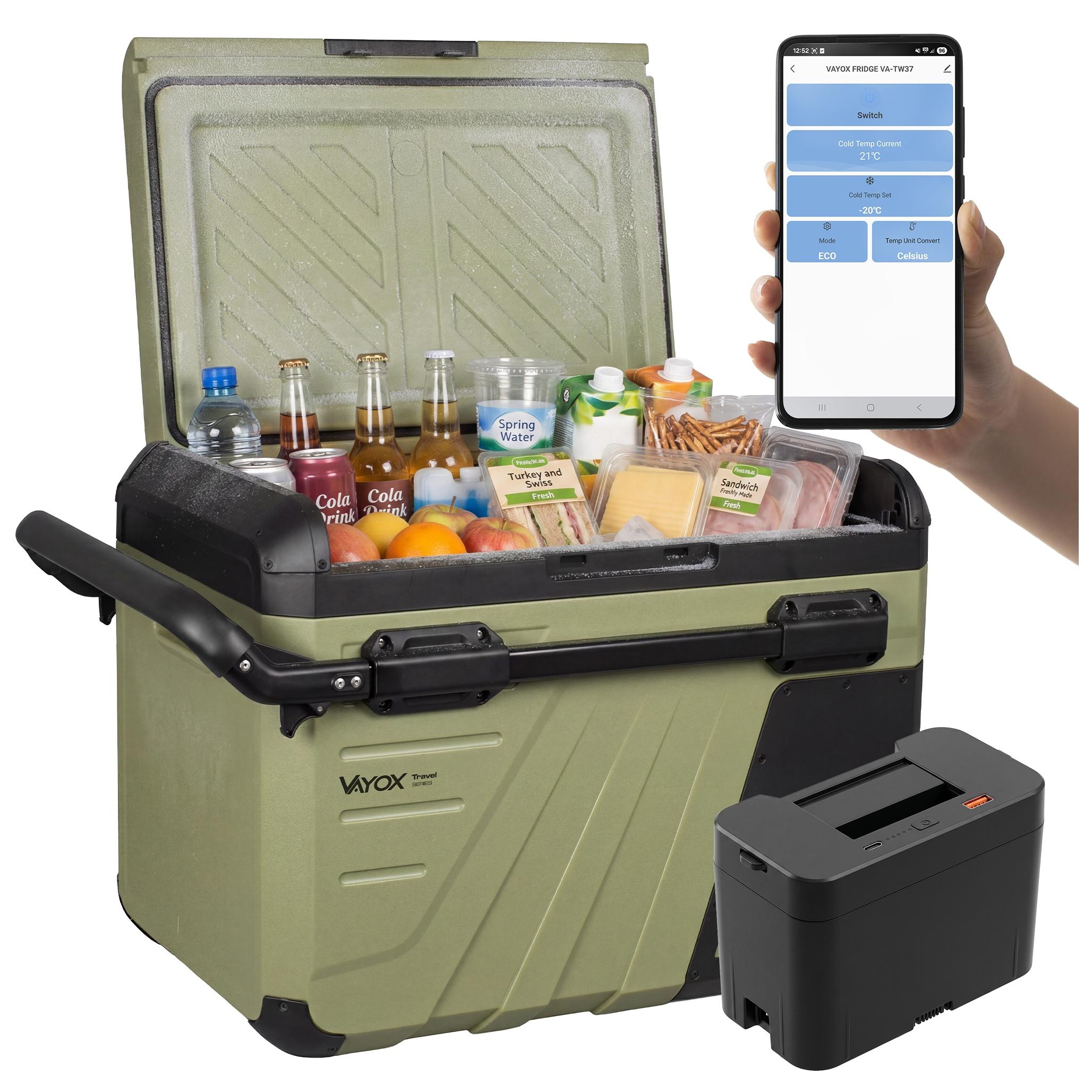 Vayox 35L Kompressor Kühlbox elektrisch VA-TW37 + Akku, mit Rollen, APP-Steuerung USB-Anschluss 12/24 V 230V, bis -20 °C