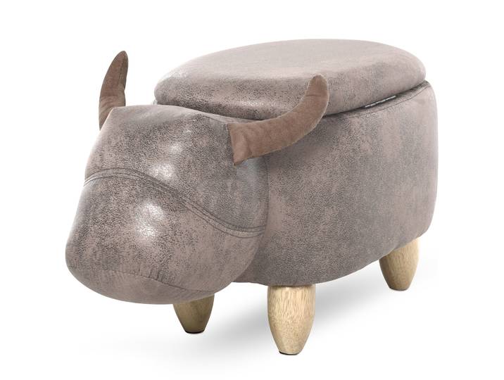 Tabouret Vache - Pouf Vachette - Pouf Taureau Coffre de Rangement 2 en 1 - Pieds en bois d'hévéa revêtement synthétique aspect daim vieilli marron