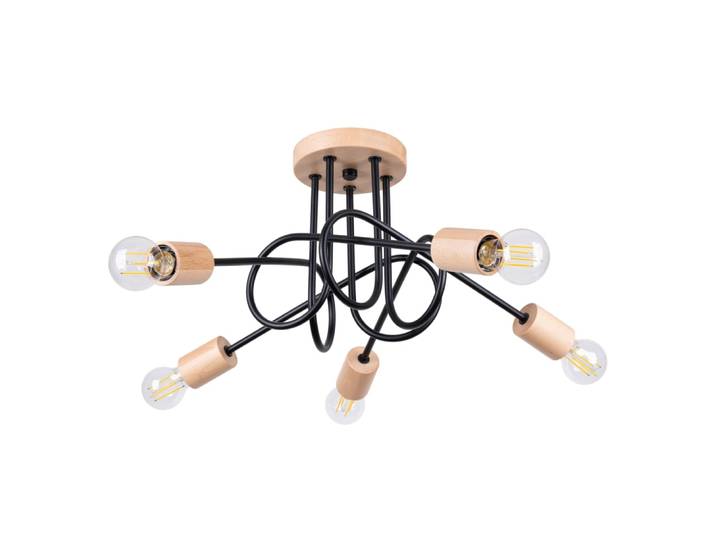 Lustre Acier Noir/Bois Naturel E27 5 Ember