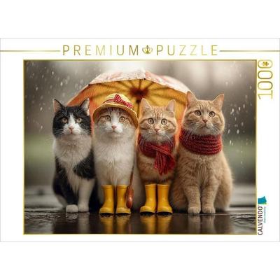 CALVENDO Puzzle Katzen im Regen mit Regenschirm | 1000 Teile Lege-Größe 64x48cm Foto-Puzzle für glückliche Stunden