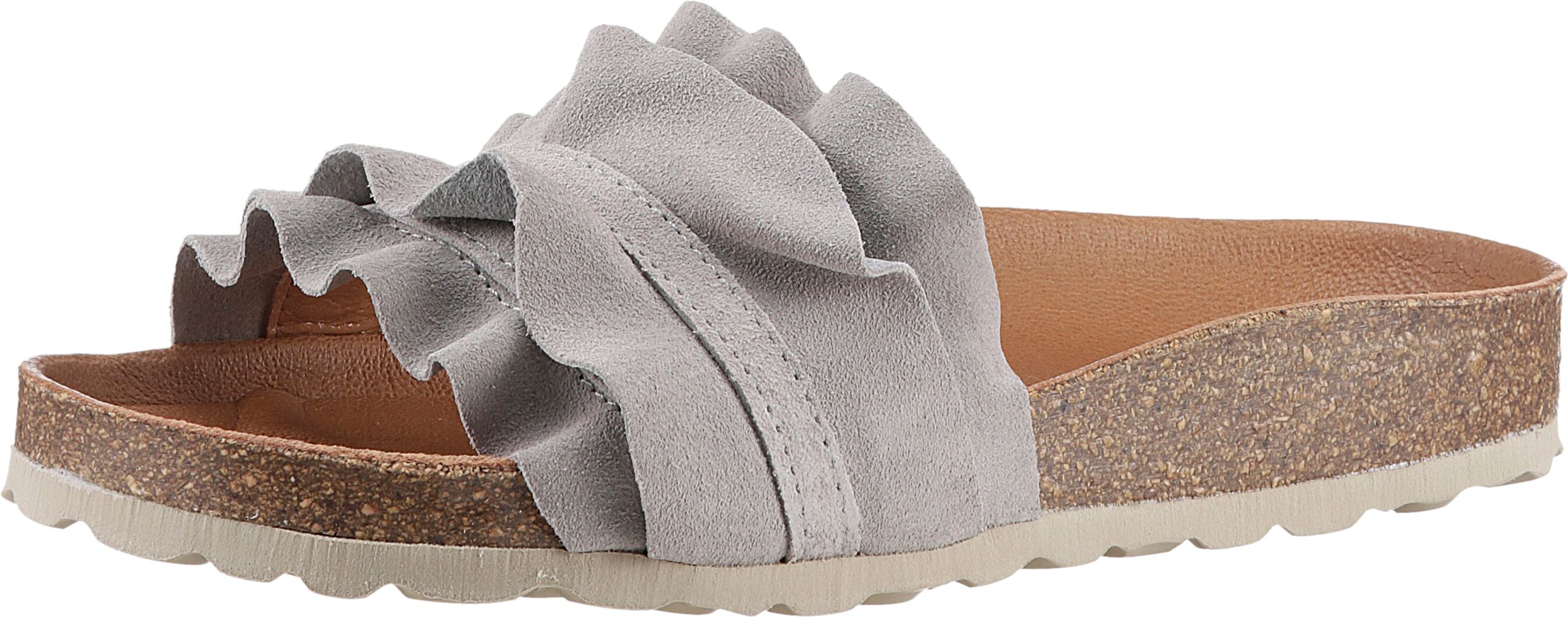 Pantolette VERBENAS "Rocio Roda", Damen, Gr. 35, grau (hellgrau), Veloursleder, unifarben, Schuhe Pantolette, Sommerschuh, Flat mit geschwungenen Laschenstoff hellgrau 35