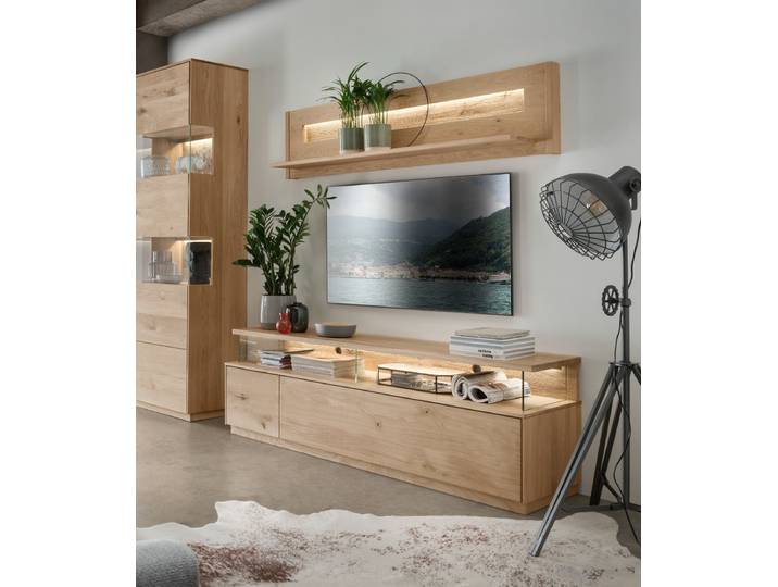 TV-Lowboard Stefan mit Wandregal aus massiver Wildeiche – Montierte Lieferung – 3%-Vorkasse-Rabatt