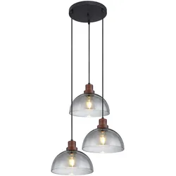 Hängelampe Holzlampe 3 flammig Glasschirm Pendelleuchte Hängeleuchte Wohnzimmerlampe, Metall Glas, schwarz braun, 3x E27 Fassungen, DxH 47x120 cm