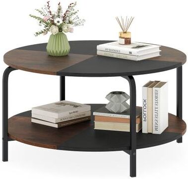 Costway 2-Tier Round Coffee Table Metal Frame with Storage Shelf-Rustic Brown