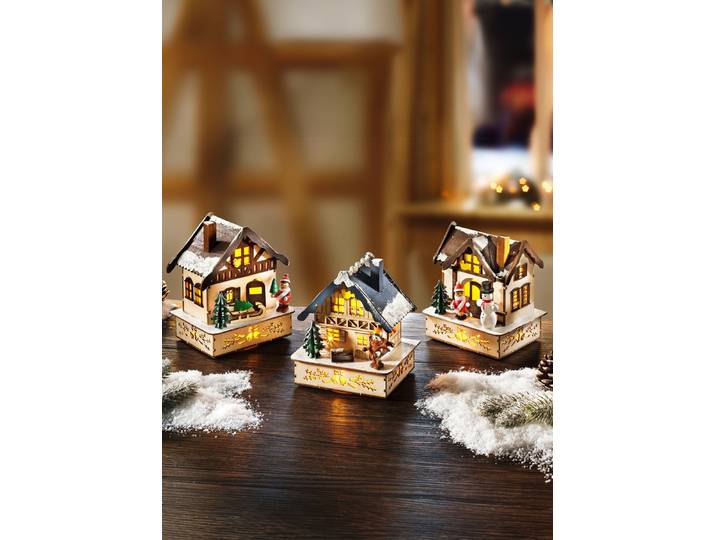 Winterhäuschen aus Holz mit LED-Beleuchtung, Natur, Spar-Set, 3-teilig