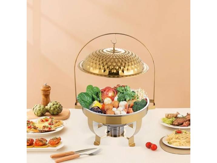 Goldfarbene, runde Chafing Dishes for Buffets aus Edelstahl Speisenwärmer Buffet-Chafer-Hängedeckel for Esszimmer- und Herd-Buffetserver