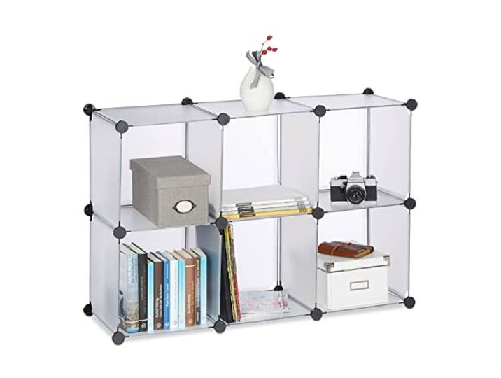 Relaxdays Étagère Rangement 6 casiers Plastique modulable DIY Assemblage Plug in bibliothèque HxlxP: 65 x 96 x 32 cm\, Transparent