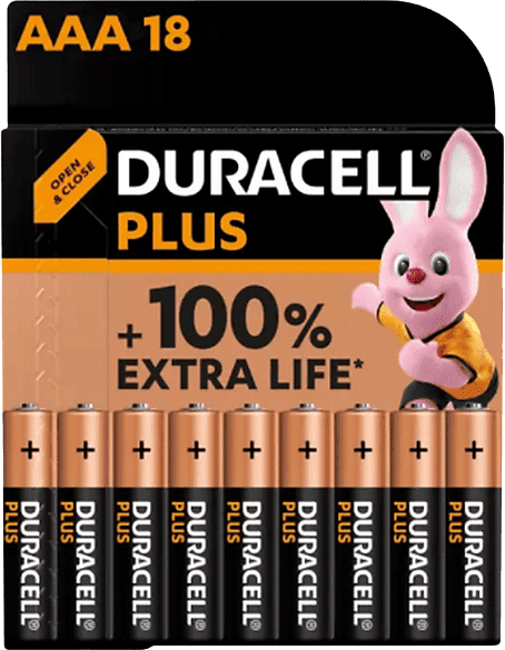 Pilas AAA - Duracell PLUS MN2400 LR03 / LR3, Alcalinas , 1.5 V, Paquete de 18 pilas, Negro