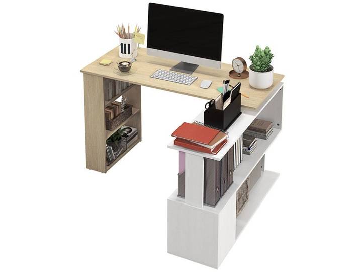 LIA Bureau d'angle bureau informatique modulable bibliothèque intégrée + étagère 3 niveaux blanc et bois naturel