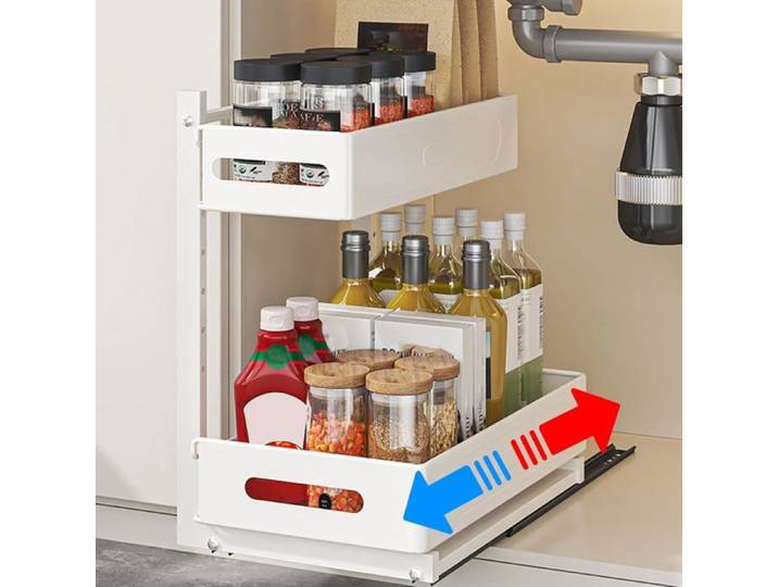 Rangement Sous Évier 2 Niveaux Acier Coulissant Sans Perçage Cuisine Bain[IN31]