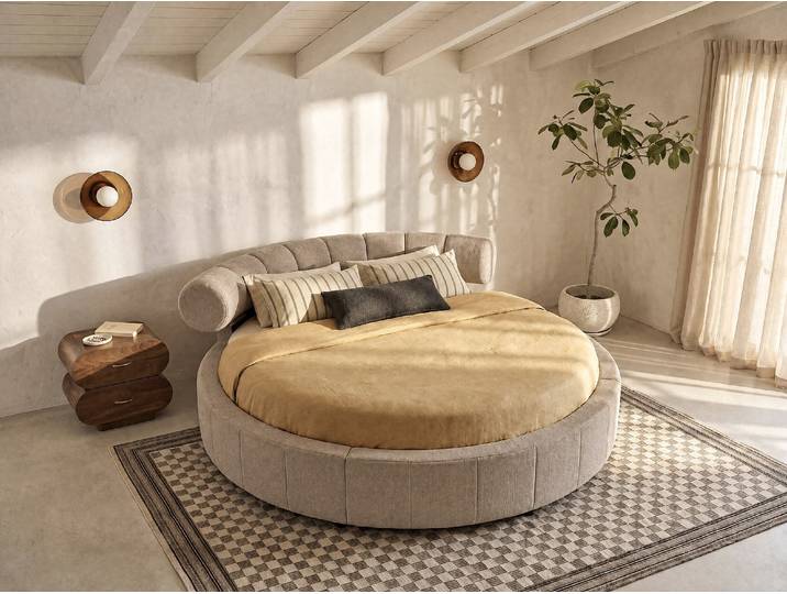 Rundes Bett 220 x 220 cm - Strukturierter Stoff - Taupe ROGILA