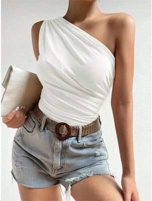 Inspire Select Phumee One Shoulder Ruched Pleated Summer Tank Top For Women white 6