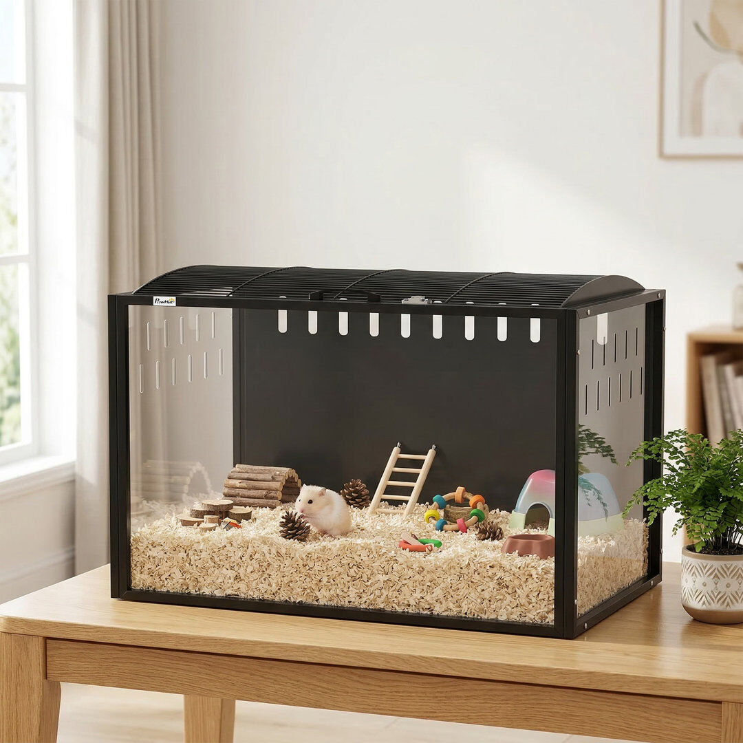 PawHut Hamster Cage Steel Frame Acrylic Rat Cage with Openable Top Black 53cm H x 81cm W x 51cm D
