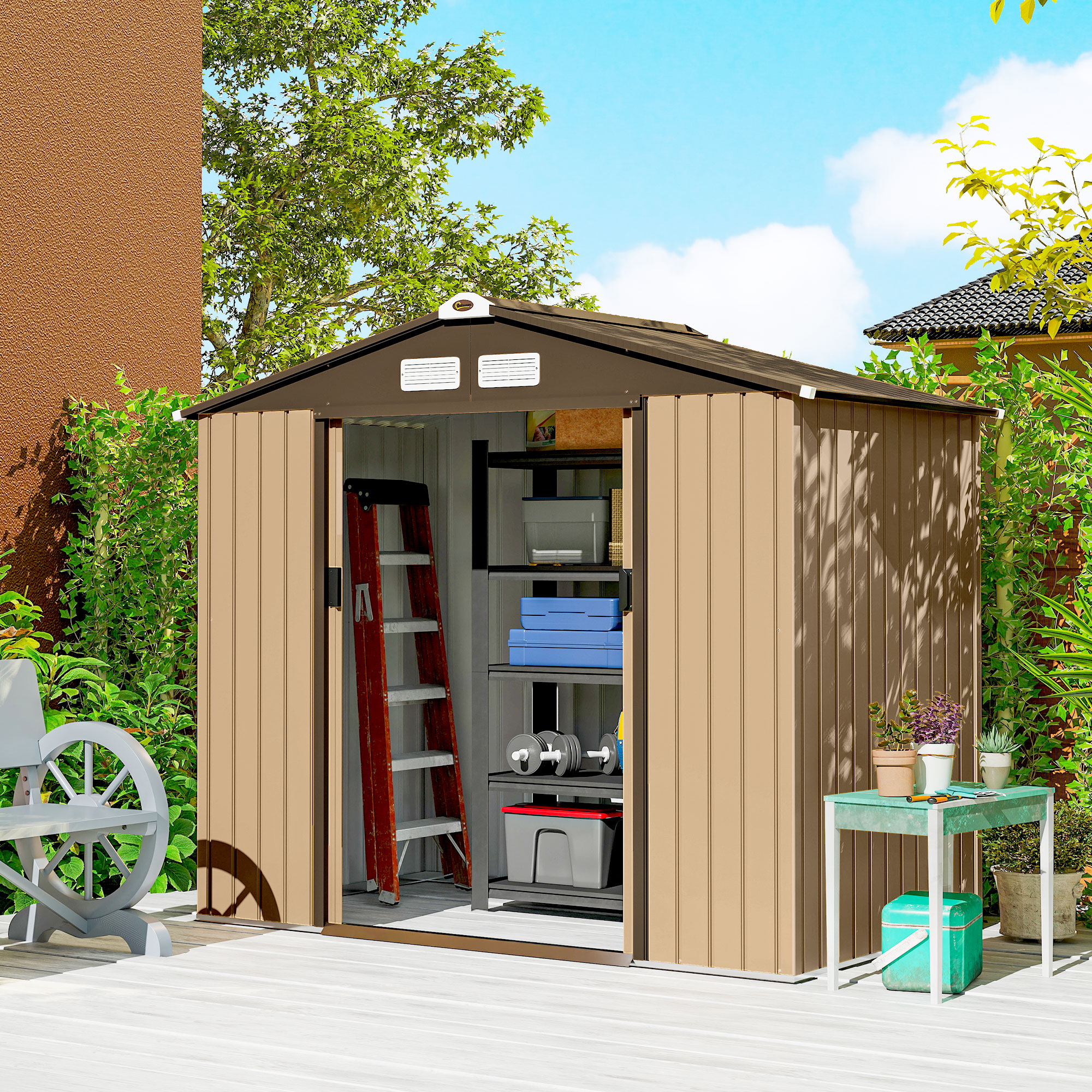 Outsunny Casetta da Giardino Esterna 2,42 m² 213x130x185 cm con Porta Scorrevole Ventilazione e Kit di Fondazione Giallo   Aosom Italy