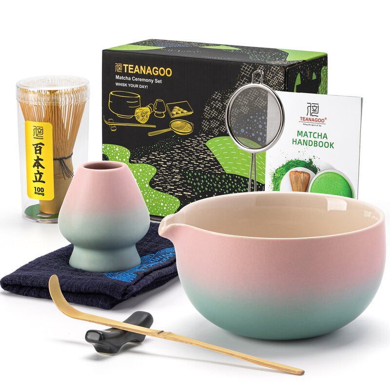 TEANAGOO Matcha Klopper Set, 7-delige Matcha Kit met Kom en Accessoires, Roze Gradient