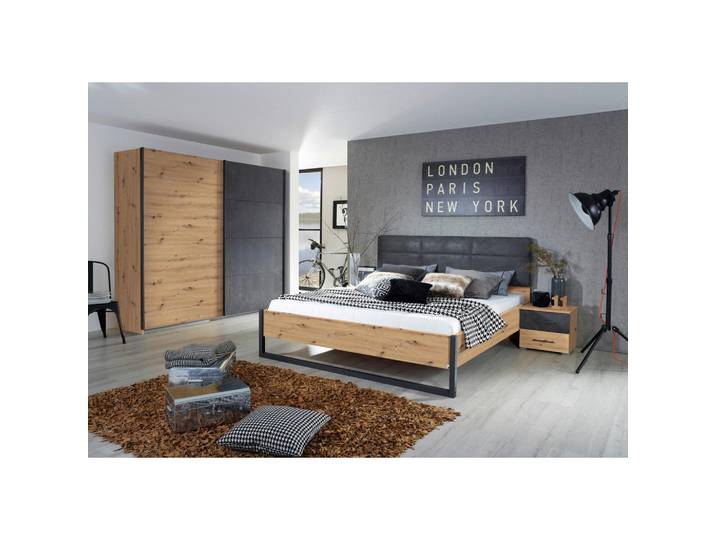 Rauch Möbel Bett, Anthrazit, Graphit, Eiche Artisan, Metall, 160x200 cm, gepolstertes Kopfteil, Lattenrosthöhe individuell einstellbar, Schlafzimmer, Betten, Doppelbetten