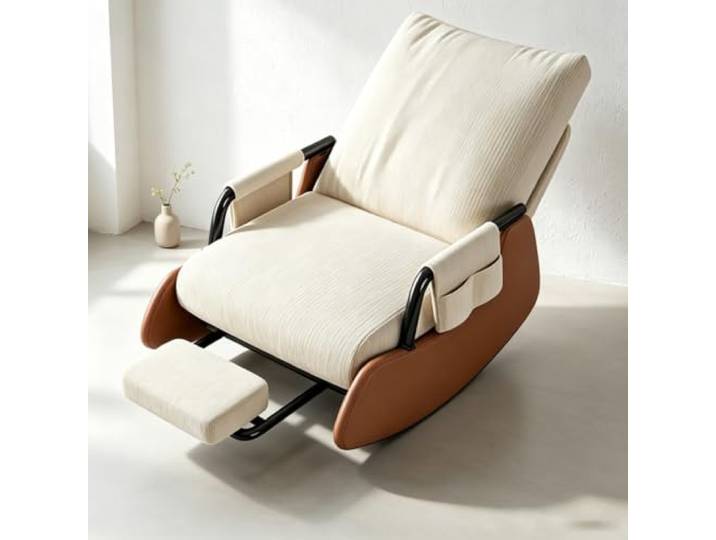 Polstersessel Schaukelnd mit Gepolsterten Armlehnen Bequemer Schaukelsessel mit 60cm breiter Sitzfläche und platzsparender Beinauflage fürs Wohnzimmer.