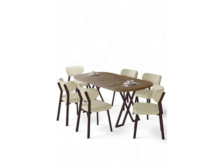 Hanah Home Modern 7-Piece Dining Table & Chairs Set, Atlantic Pine & Chrome, 100% MDF, Boucle Fabric, Stylish Scandinavian Design, Perfect for Dining Rooms