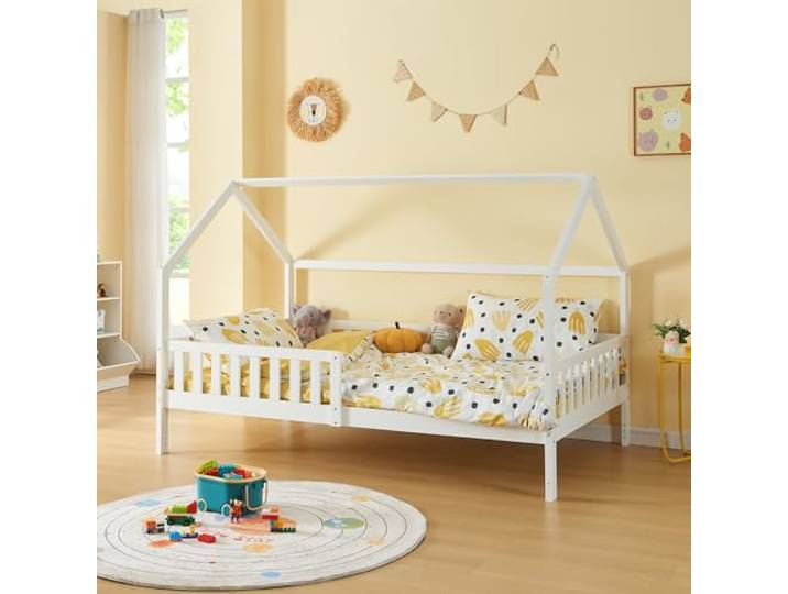 [en.casa] Kinderbett Ydre Hausbett Weiß 120 x 200 cm Holzbett mit Rausfallschutz und Lattenrost 2 Montagearten Bodenbett Hochbett mit Stauraum Jugendbett