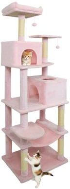 Costway Multi-level Cat Tree Modern Cat Tower with Upholstered Perch and 2 Cat Condo-Pink