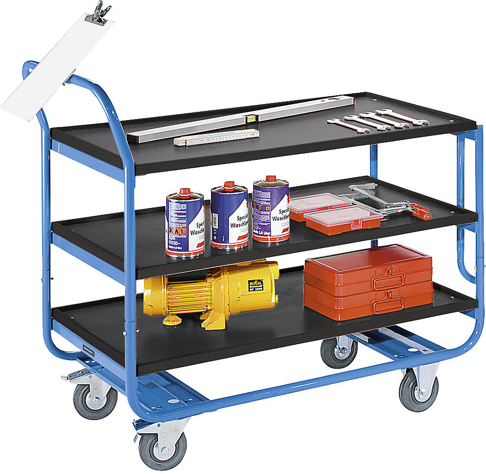 Tischwagen, Tragfähigkeit 150 kg, 3 Ladeflächen mit Abrollrand, Vollgummibereifung, spurlos eurokraft pro