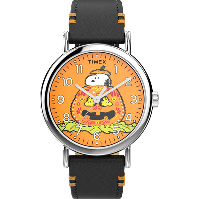 Quarzuhr TIMEX "TIMEX x PEANUTS TIMEX WEEKENDER", orange (schwarz), Armbanduhren, Damen, Quarzuhr, Armbanduhr, Herrenuhr, Damenuhr, Lederarmband, Leuchtzeiger