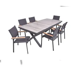 DELUKE Garten-Sitzgruppe JANA 7-tlg. - Alu/Keramik, Eiche-Optik, Grau | Gartenmöbel-Set Gartengarnitur Garten-Essgruppe mit Stapelstühlen E und Esstisch