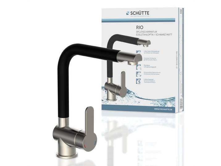 SCHÜTTE Küchenarmatur RIO, Wasserhahn Küche mit Energiesparfunktion, 360° schwenkbare Mischbatterie Küche, Edelstahloptik/Schwarz matt