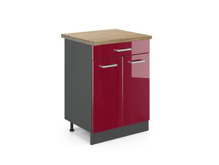 Vicco Küchenunterschrank R-Line, Rot Hochglanz, 60 cm 1 Schublade · Arbeitsplatte Eiche · Höhenverst. Füße · 2 Türen · Leichter Zugriff