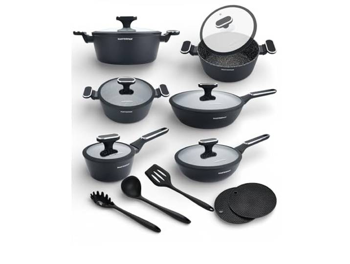Masterpan 15-teiliges Topfset schwarze Töpfe mit Deckel Kochtopf Deckel Pfanne Topf- und Pfannenset Induktion Induktionstöpfe 7003