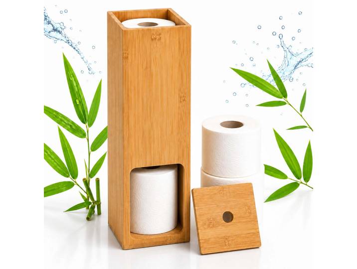 Relaxdays Wc-Rollenhalter Natur Bambus für 4 Rollen, Hellbraun, Holz, 14x46.5x14 cm, Badezimmer, WC Ausstattung, WC-Rollenhalter