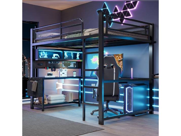 Lit superposé gaming noir 140x200 cm avec bureau LED et station de charge