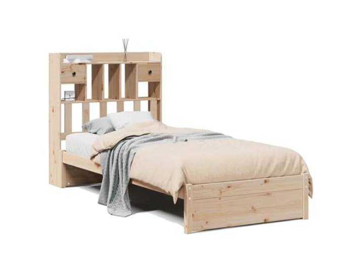 PUGYNBK Bett mit Regal aus massivem Kiefernholz, 75 x 190 cm Lattenrost im Lieferumfang enthalten, ohne Matratze, Kopfteil mit Regal, platzsparend