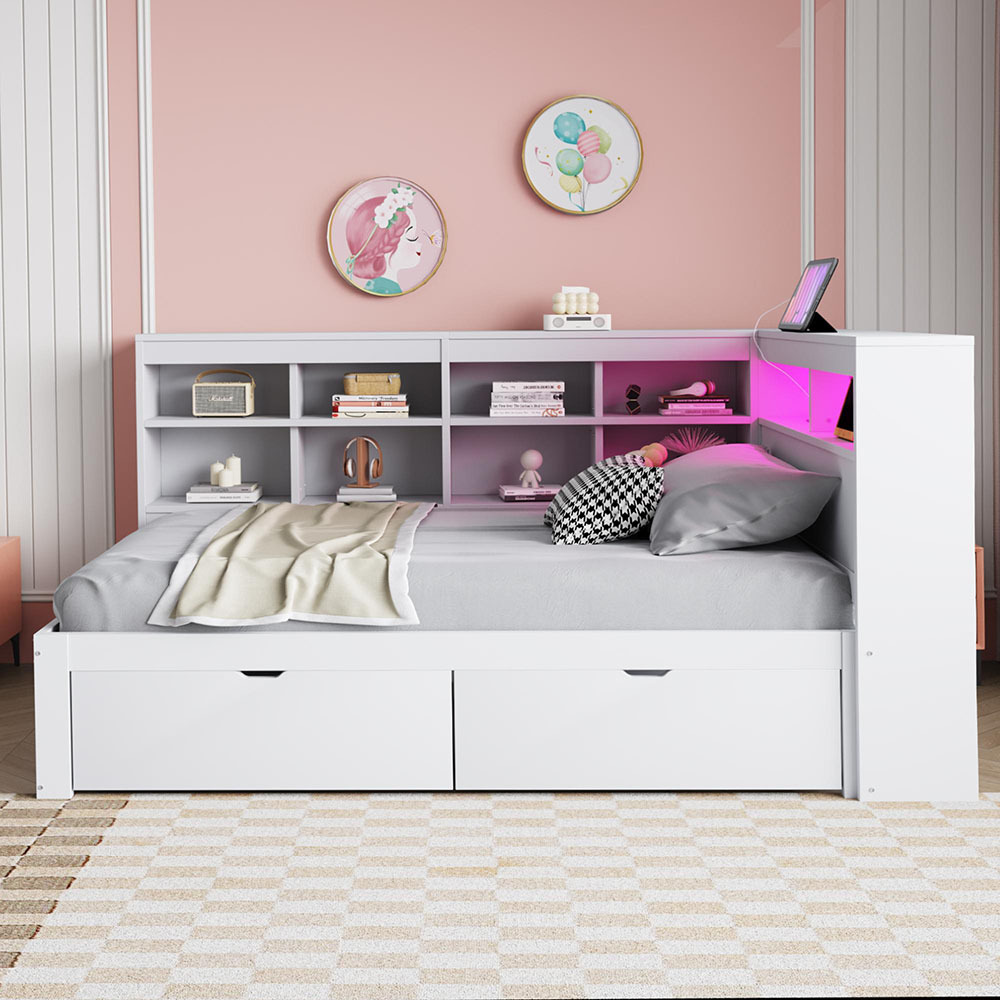 Sweiko Massivholzsofa 90x200 cm, Mit Ablagefächern, Bett mit USB- und Steckdose mit LED-Leiste, Mit Regalen und Ablagefächern, Einzelholzbett, Weiß