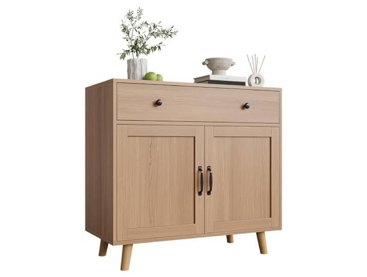 GarveeLife Anrichte auf Fuß, Naturholz, 3 Ablagen Modernes Design, verstellbare Regale, vielseitige Aufbewahrung für Wohnzimmer/Esszimmer/Küche/Eingangsbereich