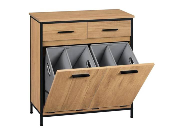 Meuble salle bain 2 tiroirs 2 paniers linge intégrés MDF métal finition chêne clair noir 40 x 78 9 x 80 2 cm ranger trier linge.