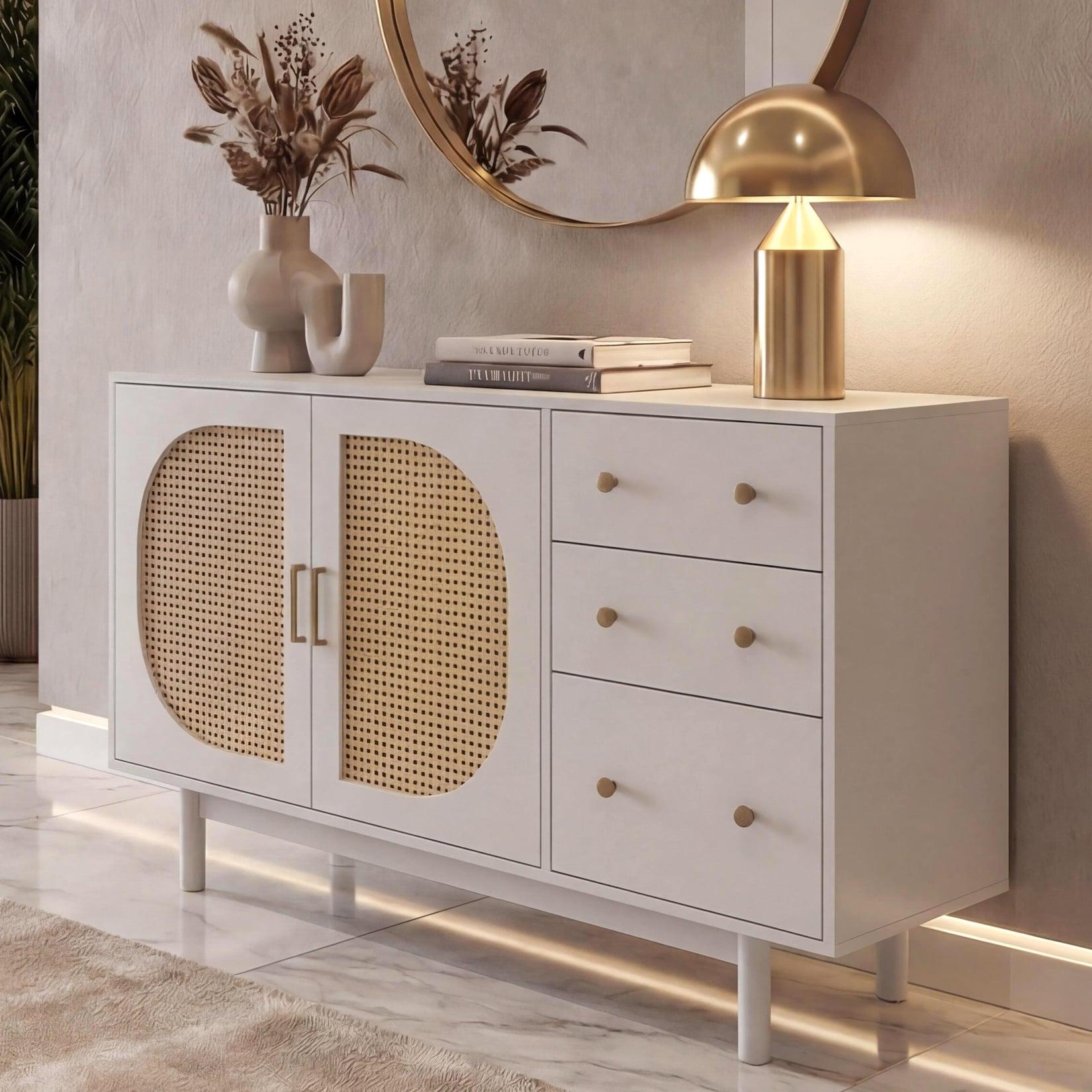 Sideboard MCW-P52, Schrank Kommode Highboard, Schubladen Staufächer, Poly-Rattan MDF Melamin 80x120x40cm ~ weiß
