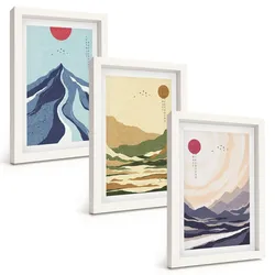 BILDER SET 3er Set - 20x30 cm Weißer Rahmen - Pastellfarbene Berge im Japandi-Stil