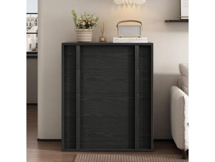 GarveeMore 4-Schubladen-Kommode für Schlafzimmer – Moderne Holzkommode mit vertikalem Griff und Anti-Kippsicherung in Schwarz Bas-Relief