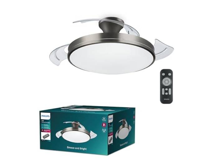 PHILIPS Atlas Deckenventilator mit einziehbaren Flügeln und LED-Beleuchtung, 3 Flügel, 106 cm Flügelspannweite, 3 Beleuchtungsstufen, einstellbares weißes Licht, besonders leise, Modell 2024, nickel