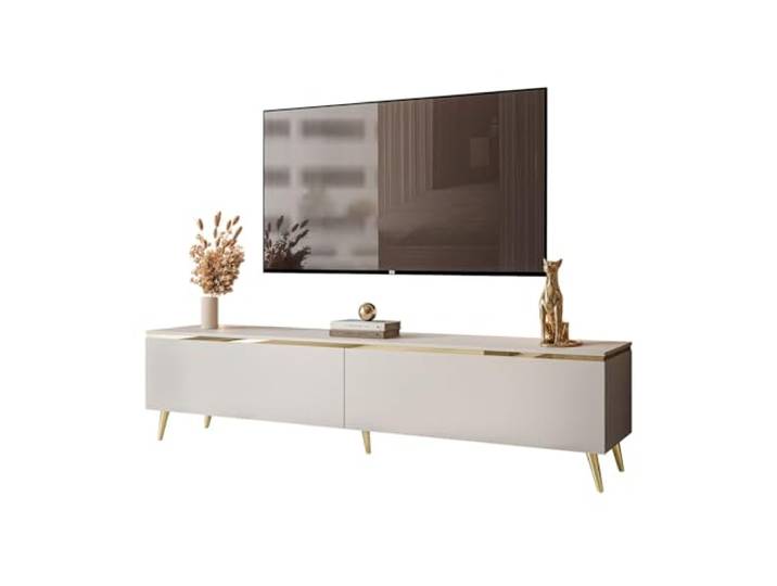 Lookway TV-Schrank Aurora Kaschmir Matt 180 cm Hängeschrank Oder Auf Füßen Gold Dekorative Leiste Mit LED-Option Modernes Wohnzimmermöbel (ohne LED Beleuchtung, Stehend- schräge Gold Chrom Beine)