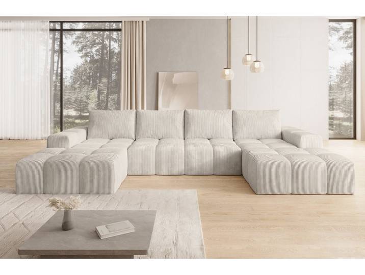 PROMETO Möbel Ecksofa U-Sofa, Große Sofa im Cord-Stoff, Teddy-Boucle oder Web, 2 Ottomanen, Großes U-Sofa mit Cordstoff-Bezug, zwei Ottomanen