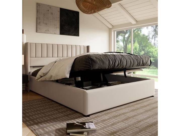 Lit coffre - DREAMMESPACE - 160x200cm - Beige - Sommier à lattes - Design contemporain